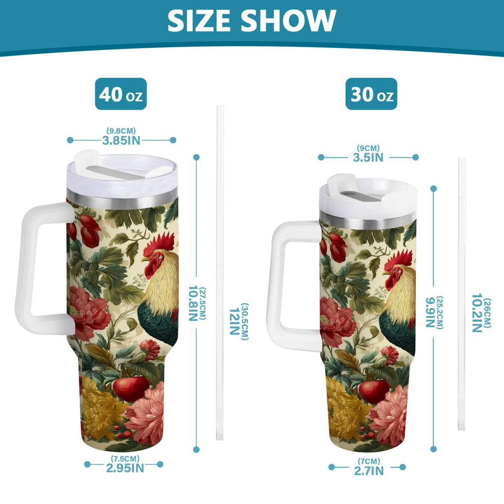 40 oz Insulated Stainless Steel Tumbler Double Wall Stainless Steel Tumbler with 2-Way Drinking Rooster and Vintage Floral C482F