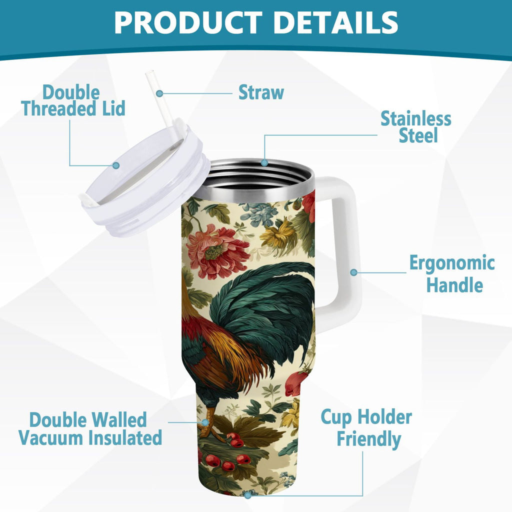 40 oz Insulated Stainless Steel Tumbler Double Wall Stainless Steel Tumbler with 2-Way Drinking Rooster and Vintage Floral C482F