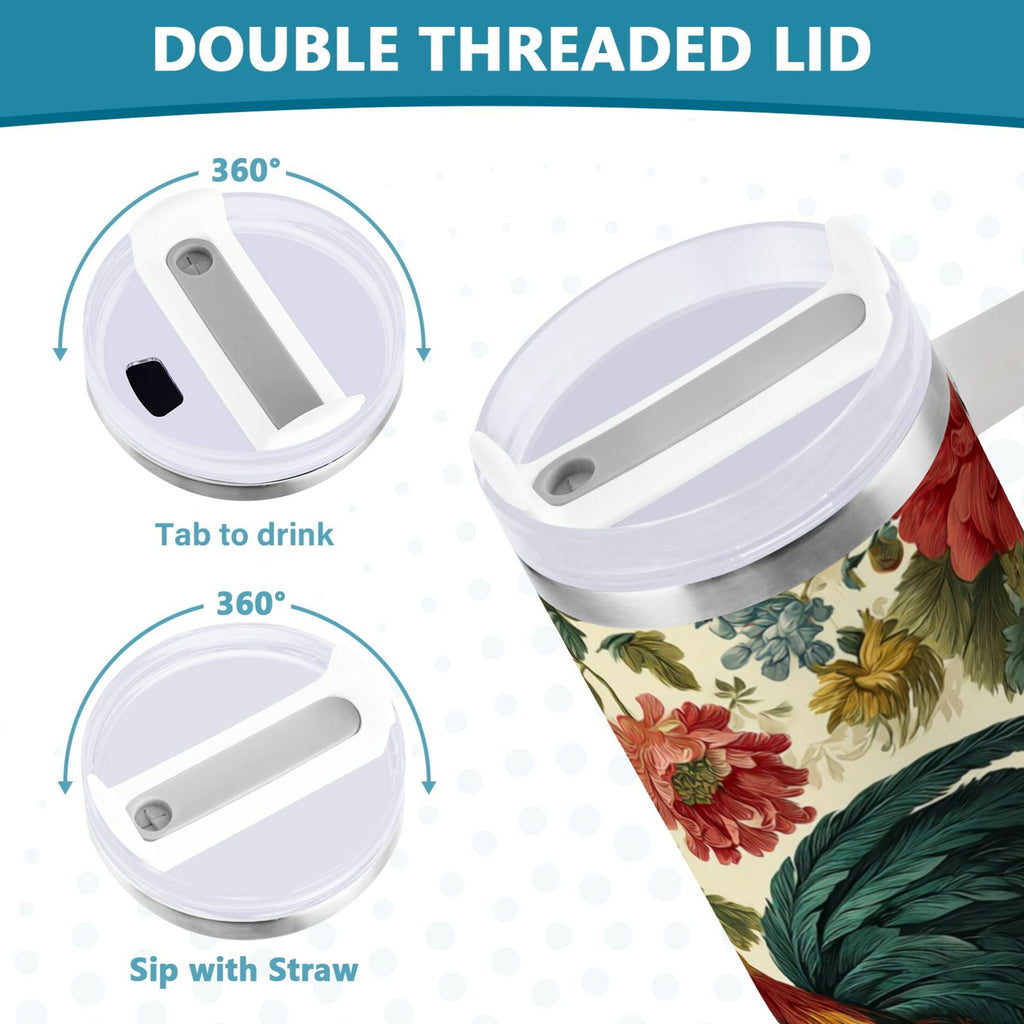 40 oz Insulated Stainless Steel Tumbler Double Wall Stainless Steel Tumbler with 2-Way Drinking Rooster and Vintage Floral C482F