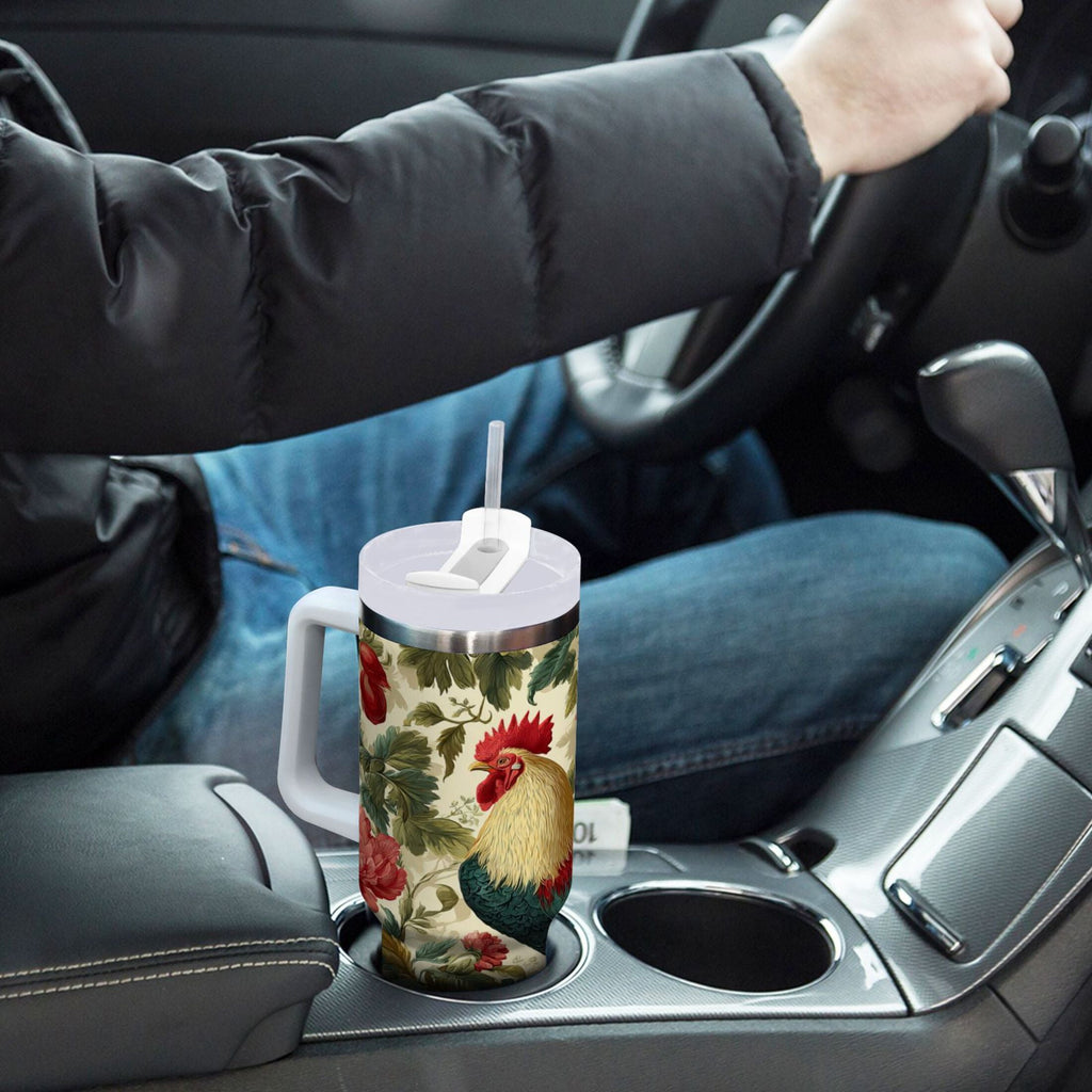 40 oz Insulated Stainless Steel Tumbler Double Wall Stainless Steel Tumbler with 2-Way Drinking Rooster and Vintage Floral C482F