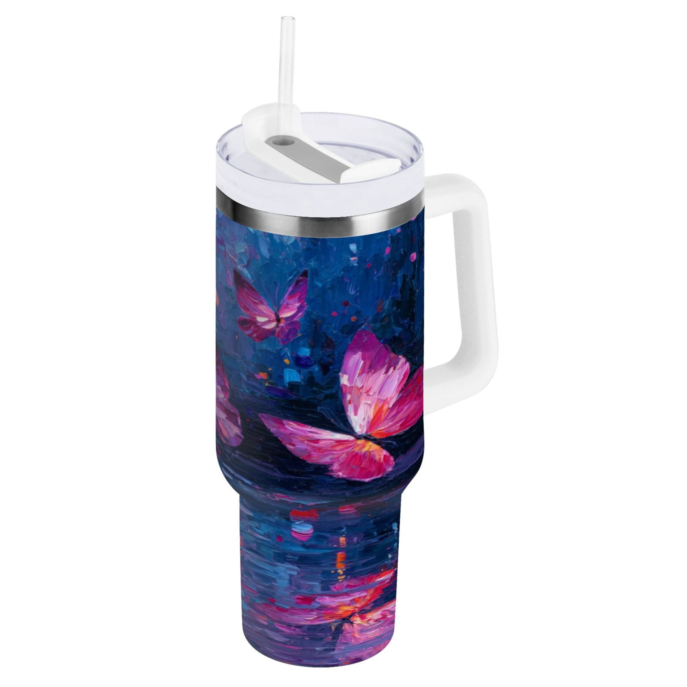 40 oz Insulated Stainless Steel Tumbler Double Wall Stainless Steel Tumbler with 2-Way Drinking Night Scene and Butterflies C488V