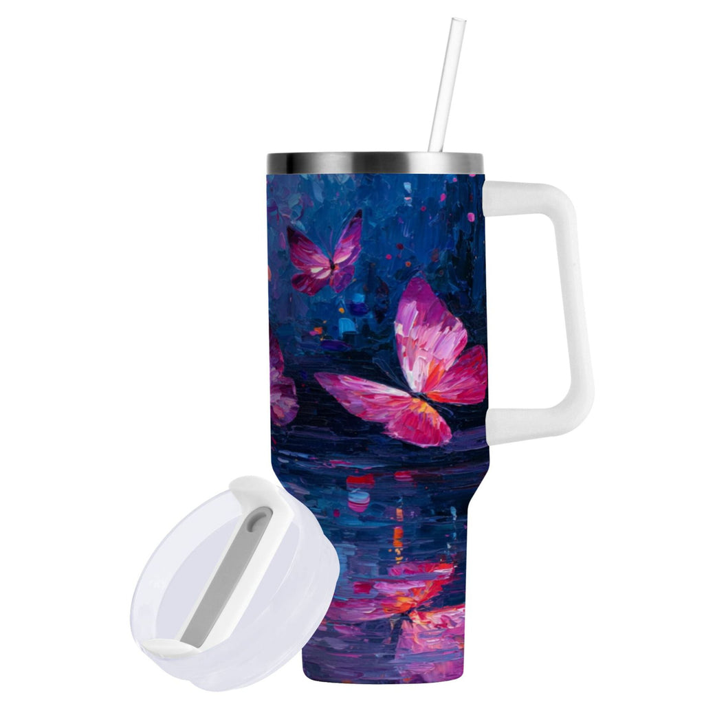 40 oz Insulated Stainless Steel Tumbler Double Wall Stainless Steel Tumbler with 2-Way Drinking Night Scene and Butterflies C488V