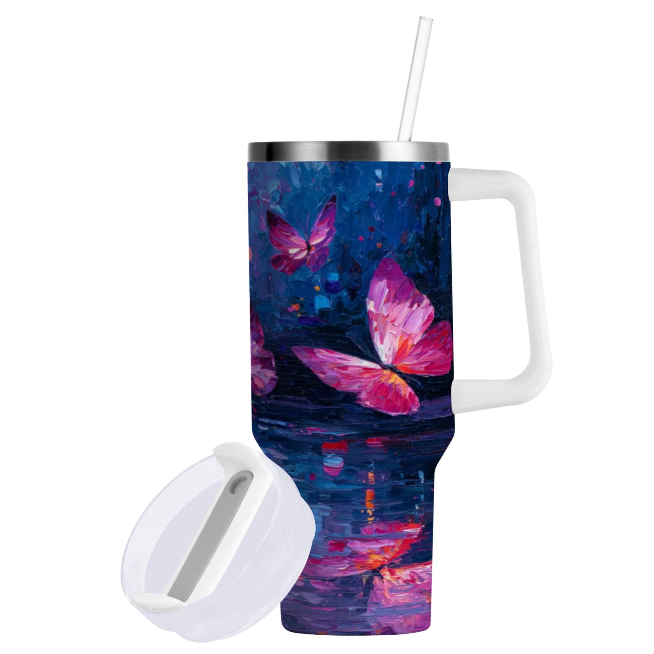 40 oz Insulated Stainless Steel Tumbler Double Wall Stainless Steel Tumbler with 2-Way Drinking Night Scene and Butterflies C488V