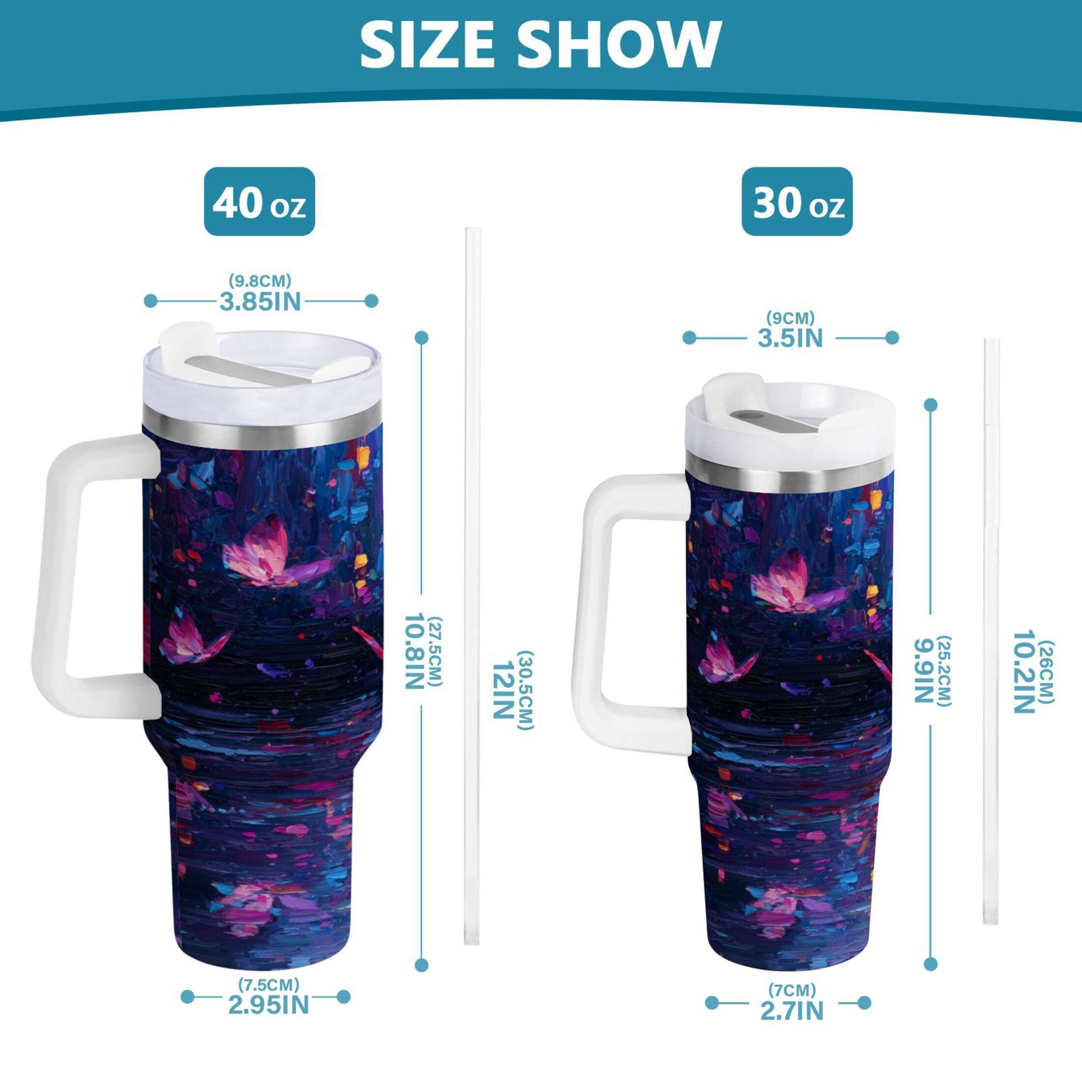 40 oz Insulated Stainless Steel Tumbler Double Wall Stainless Steel Tumbler with 2-Way Drinking Night Scene and Butterflies C488V