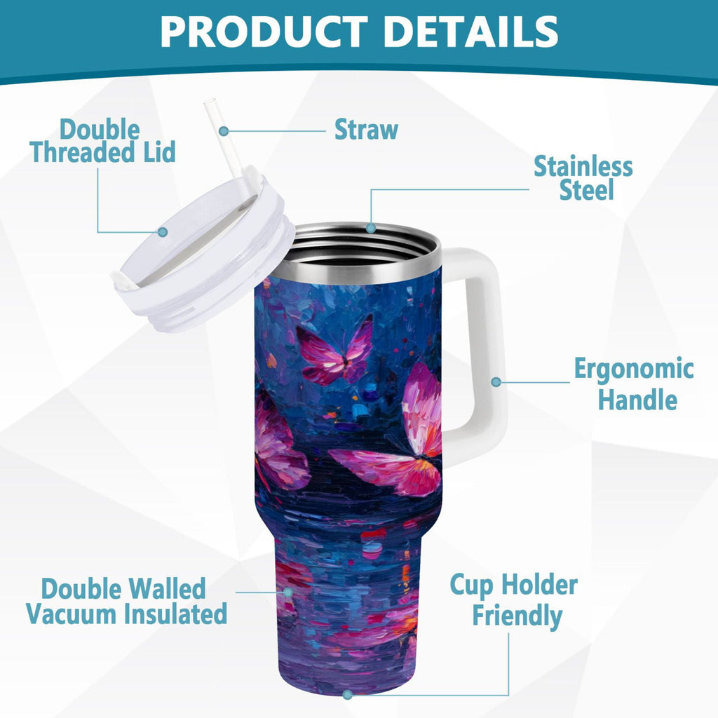 40 oz Insulated Stainless Steel Tumbler Double Wall Stainless Steel Tumbler with 2-Way Drinking Night Scene and Butterflies C488V