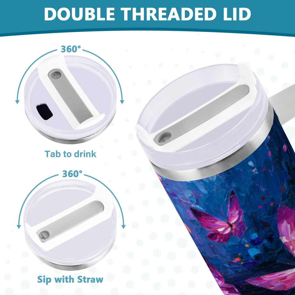 40 oz Insulated Stainless Steel Tumbler Double Wall Stainless Steel Tumbler with 2-Way Drinking Night Scene and Butterflies C488V