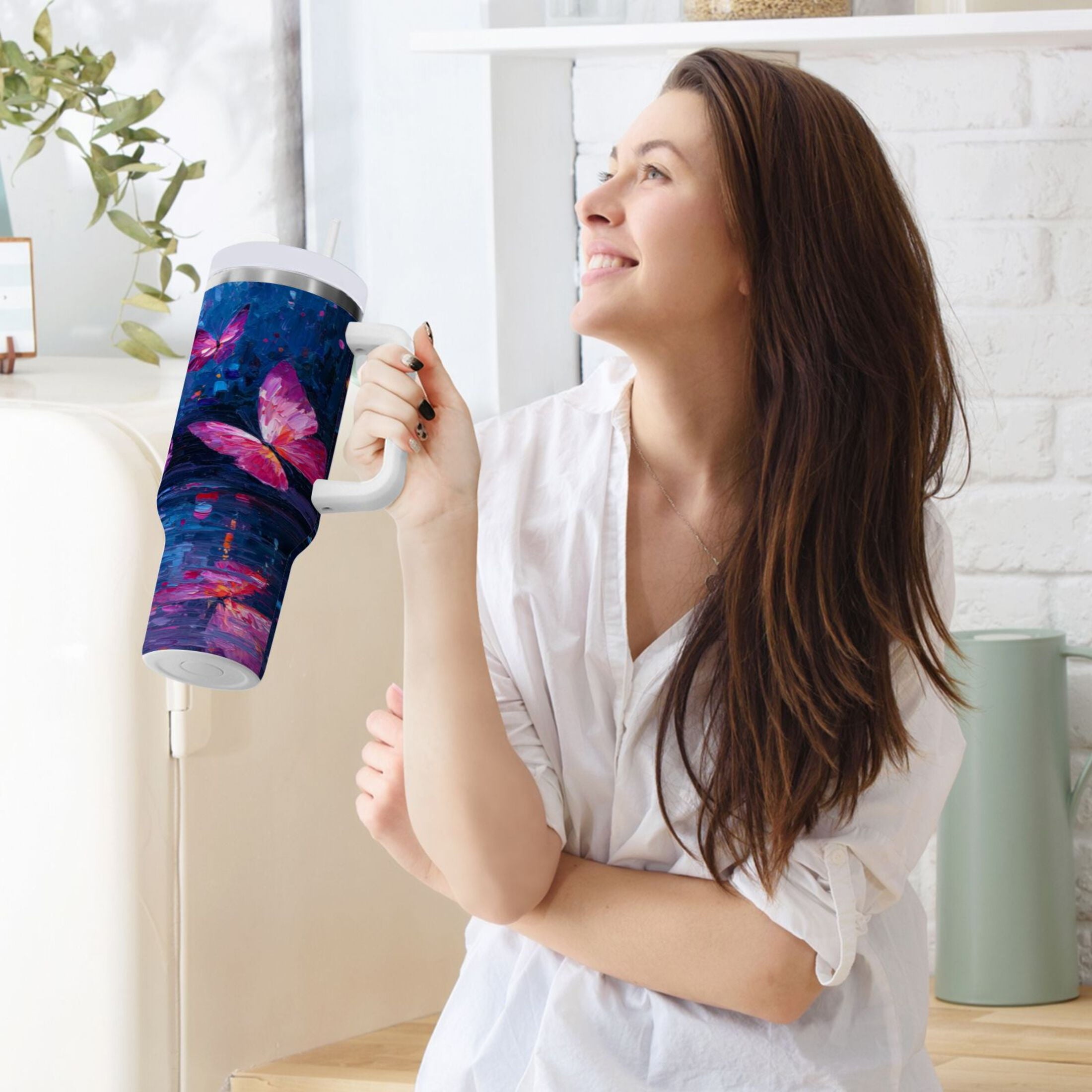 40 oz Insulated Stainless Steel Tumbler Double Wall Stainless Steel Tumbler with 2-Way Drinking Night Scene and Butterflies C488V