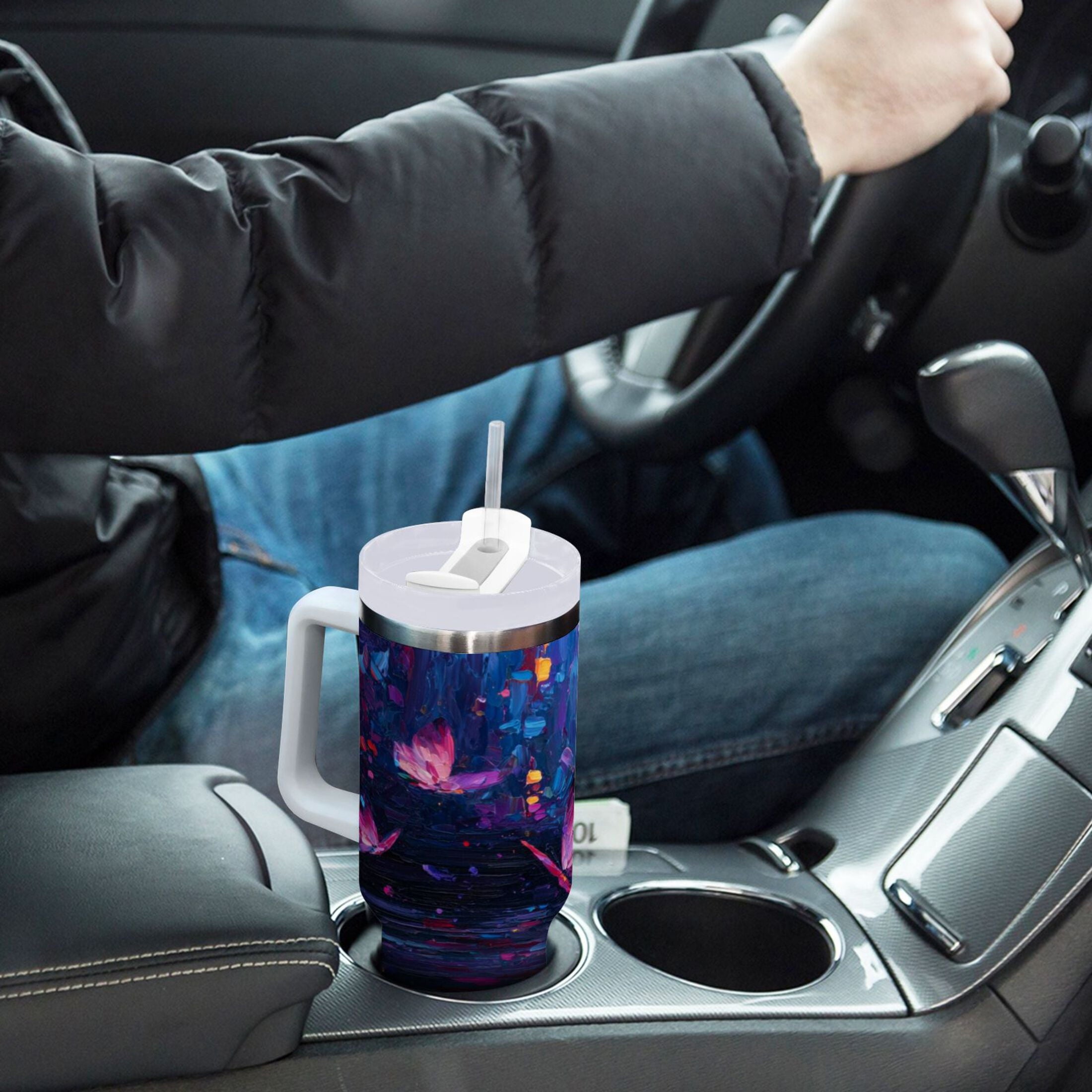 40 oz Insulated Stainless Steel Tumbler Double Wall Stainless Steel Tumbler with 2-Way Drinking Night Scene and Butterflies C488V