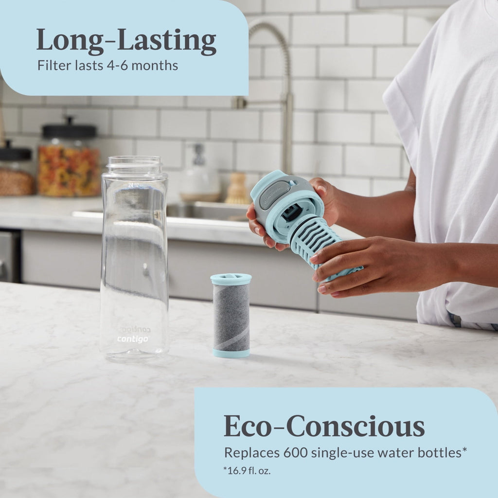 (2 pack) Contigo Clybourn Plastic FreeFlow Filter Water Bottle with AUTOSEAL Lid 24 oz., Salt, with Replacable Filter C053T