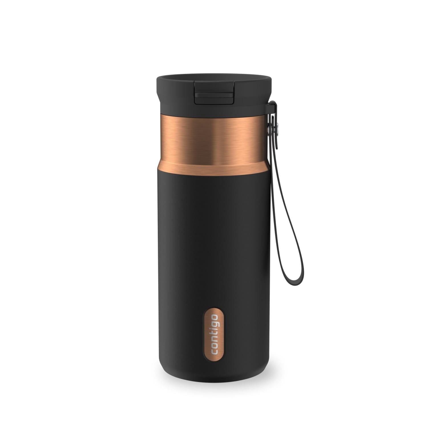 Contigo SnapSeal Leakproof Stainless Steel Reusable Water Bottle with Carrying Strap, Black/Bronze, 16 oz C065Q