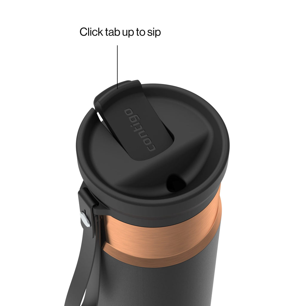 Contigo SnapSeal Leakproof Stainless Steel Reusable Water Bottle with Carrying Strap, Black/Bronze, 16 oz C065Q