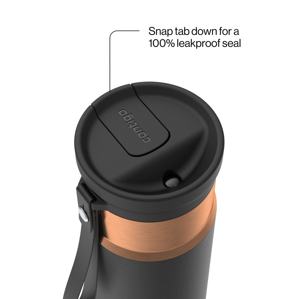 Contigo SnapSeal Leakproof Stainless Steel Reusable Water Bottle with Carrying Strap, Black/Bronze, 16 oz C065Q