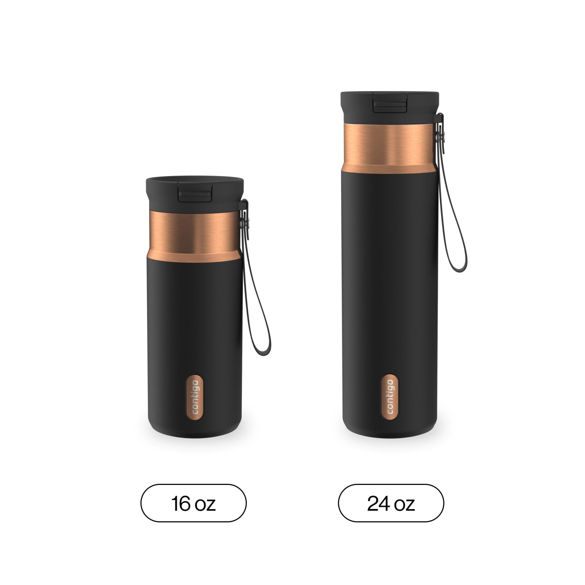 Contigo SnapSeal Leakproof Stainless Steel Reusable Water Bottle with Carrying Strap, Black/Bronze, 16 oz C065Q