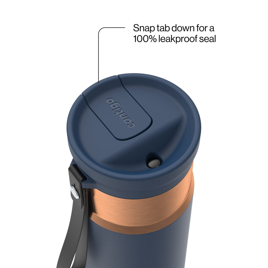 Contigo SnapSeal Leakproof Stainless Steel Reusable Water Bottle with Carrying Strap, Black/Bronze, 16 oz C065Q