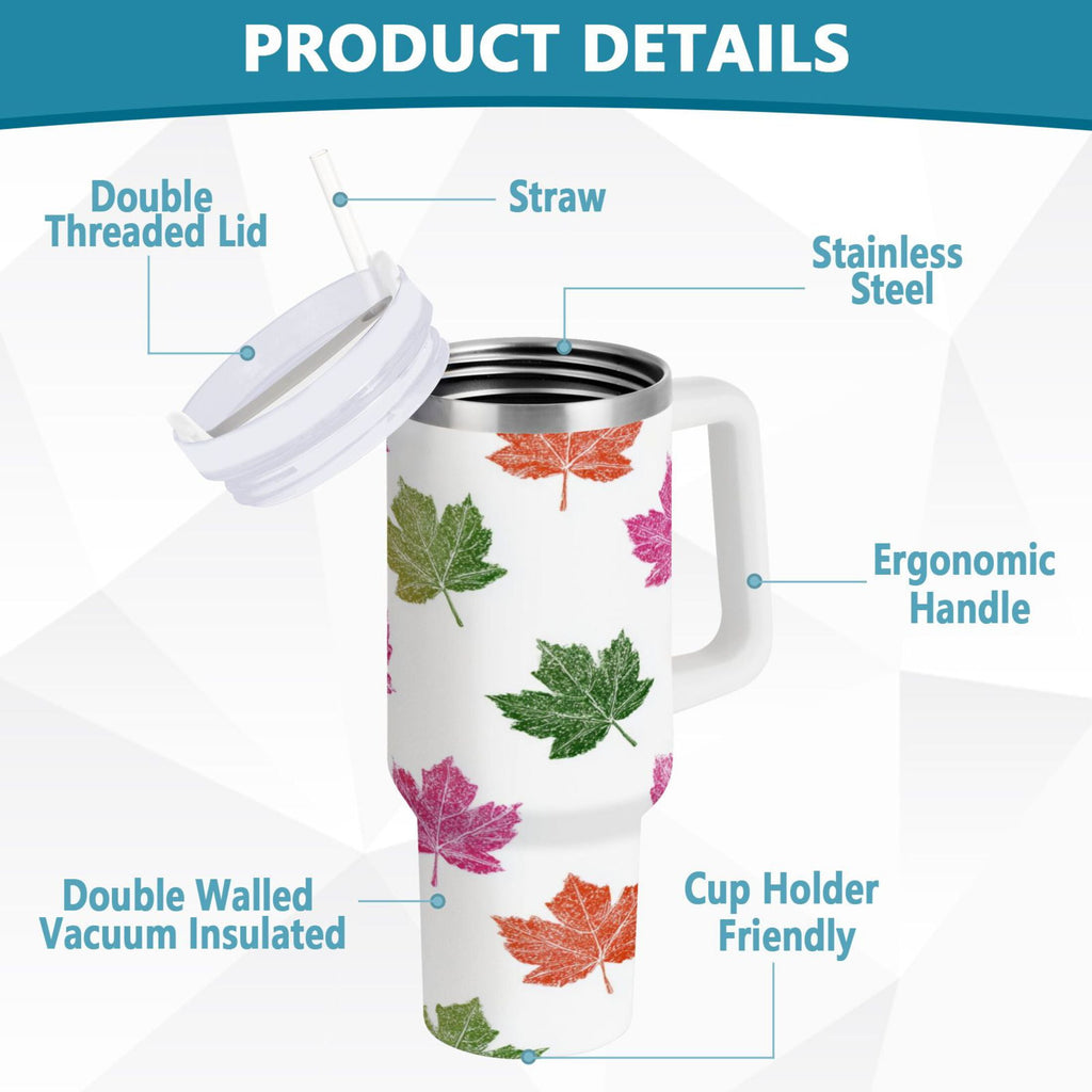 40 oz Insulated Stainless Steel Tumbler Double Wall Stainless Steel Tumbler with 2-Way Drinking Pink Maple Leaf C459R
