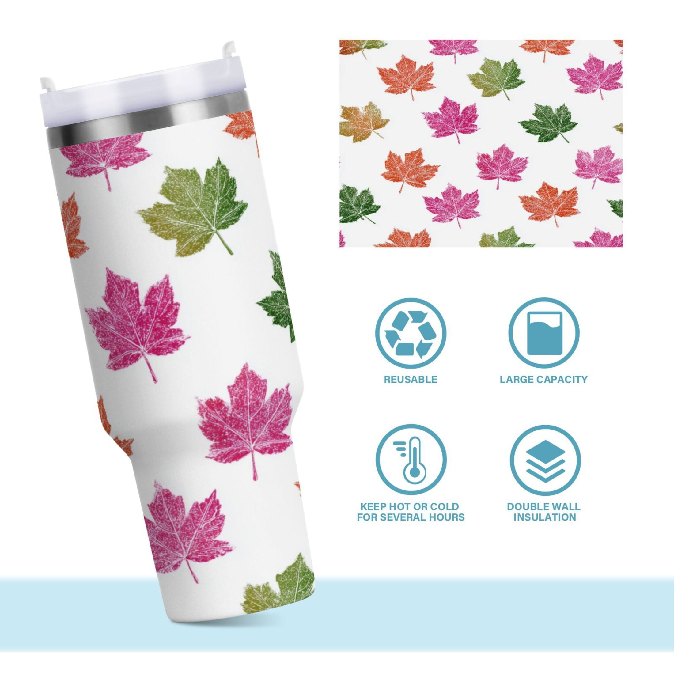 40 oz Insulated Stainless Steel Tumbler Double Wall Stainless Steel Tumbler with 2-Way Drinking Pink Maple Leaf C459R