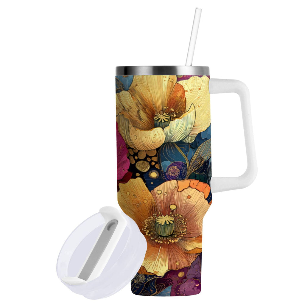 40 oz Insulated Stainless Steel Tumbler Double Wall Stainless Steel Tumbler with 2-Way Drinking Vibrant and Intricate Flowers C463X