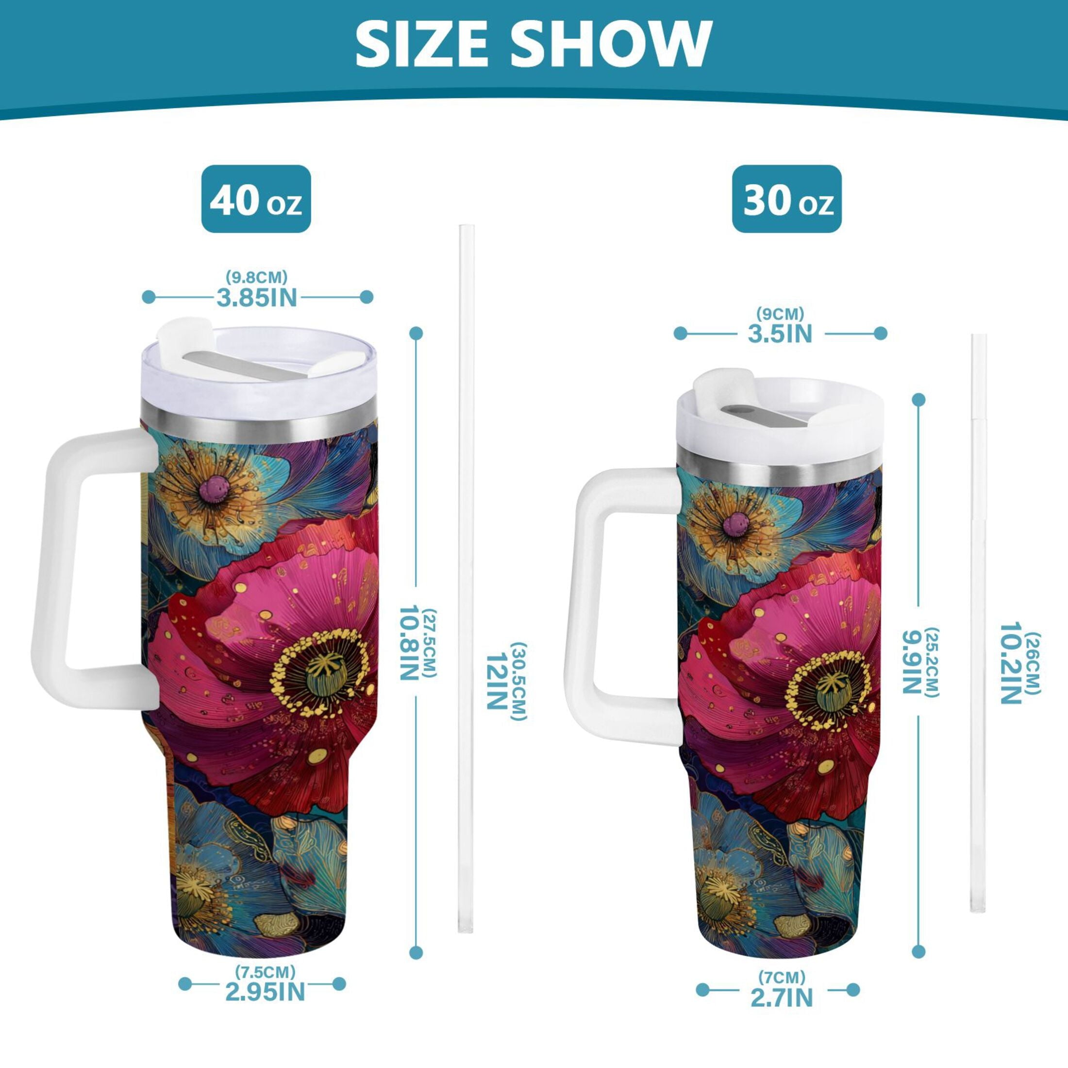 40 oz Insulated Stainless Steel Tumbler Double Wall Stainless Steel Tumbler with 2-Way Drinking Vibrant and Intricate Flowers C463X