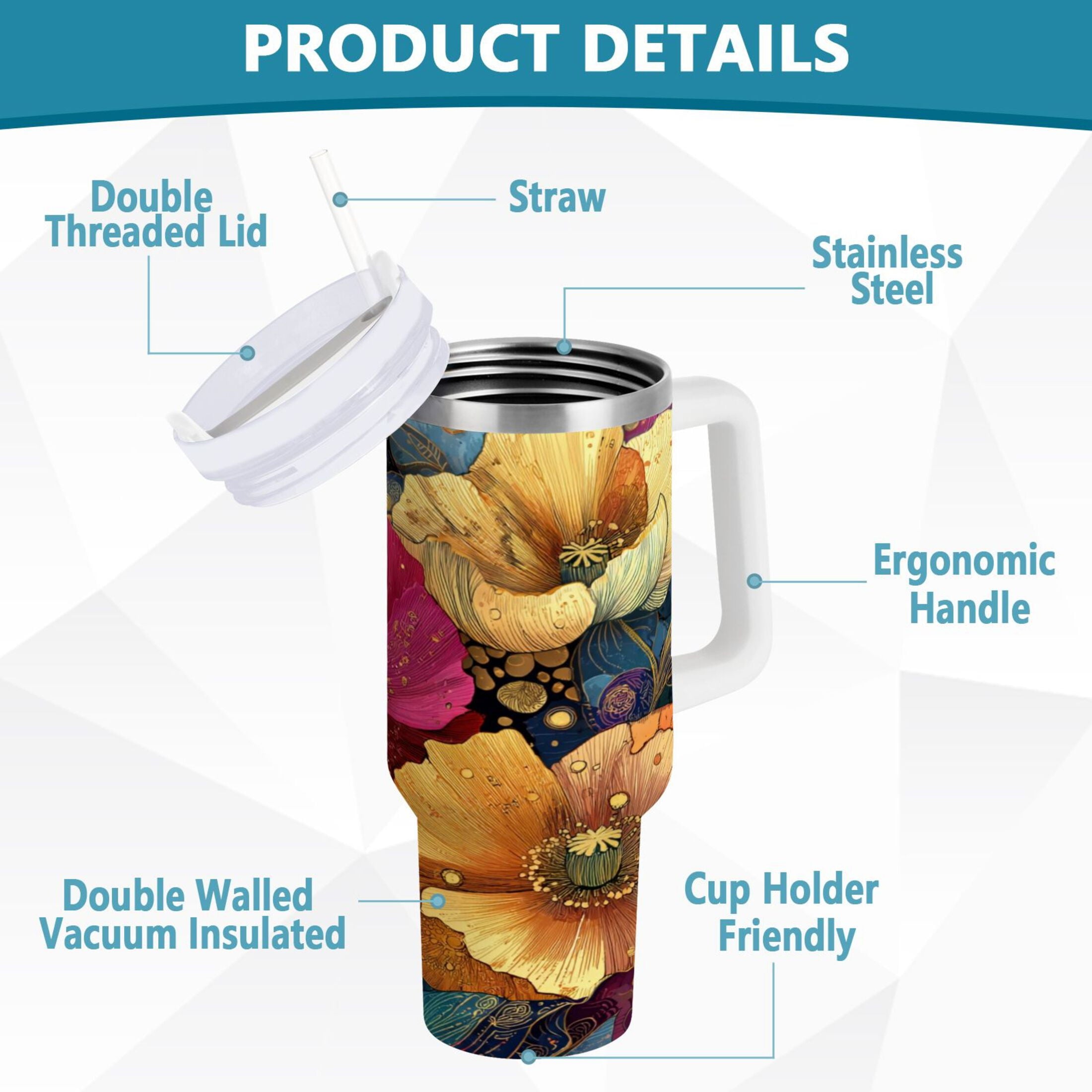 40 oz Insulated Stainless Steel Tumbler Double Wall Stainless Steel Tumbler with 2-Way Drinking Vibrant and Intricate Flowers C463X