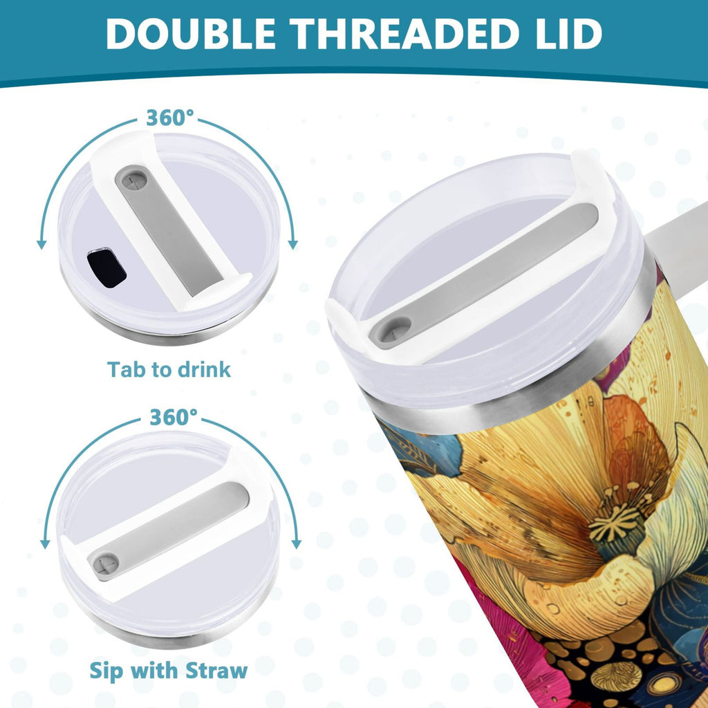 40 oz Insulated Stainless Steel Tumbler Double Wall Stainless Steel Tumbler with 2-Way Drinking Vibrant and Intricate Flowers C463X