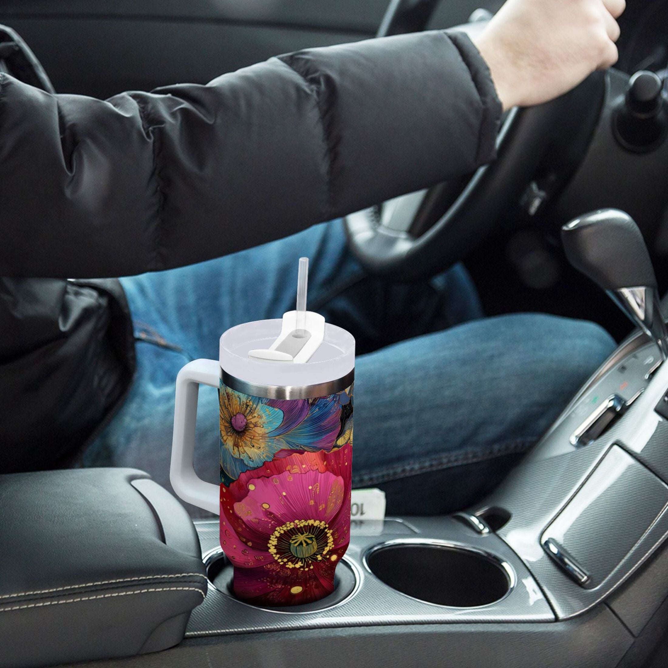 40 oz Insulated Stainless Steel Tumbler Double Wall Stainless Steel Tumbler with 2-Way Drinking Vibrant and Intricate Flowers C463X
