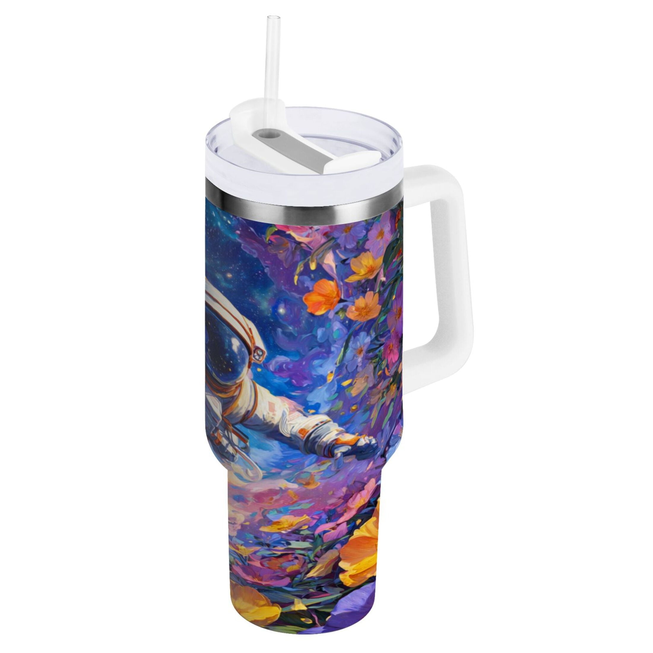 40 oz Insulated Stainless Steel Tumbler Double Wall Stainless Steel Tumbler with 2-Way Drinking Astronaut and Colorful Flowers C562V