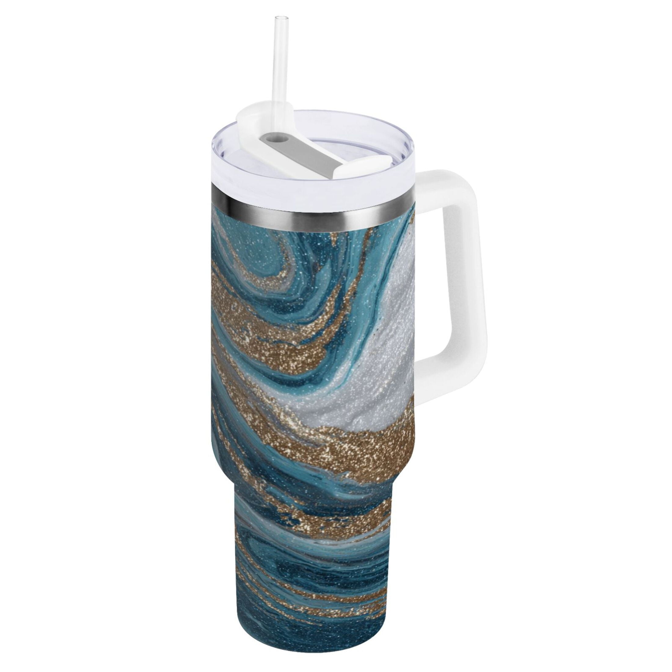 30 oz Insulated Stainless Steel Tumbler Double Wall Stainless Steel Tumbler with 2-Way Drinking Blue and Gold Swirling C497F