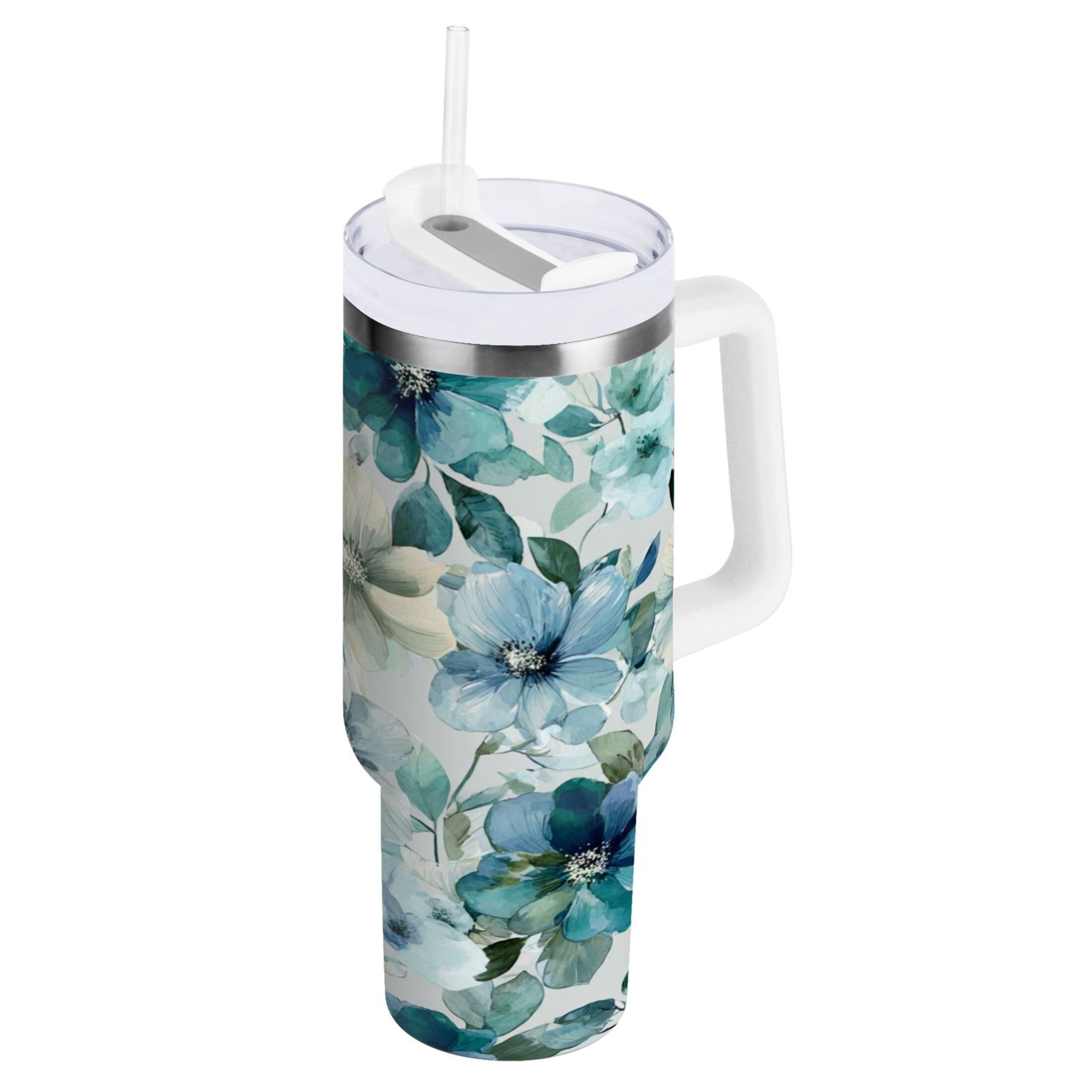 30 oz Insulated Stainless Steel Tumbler Double Wall Stainless Steel Tumbler with 2-Way Drinking Blue and Green Flowers C476V