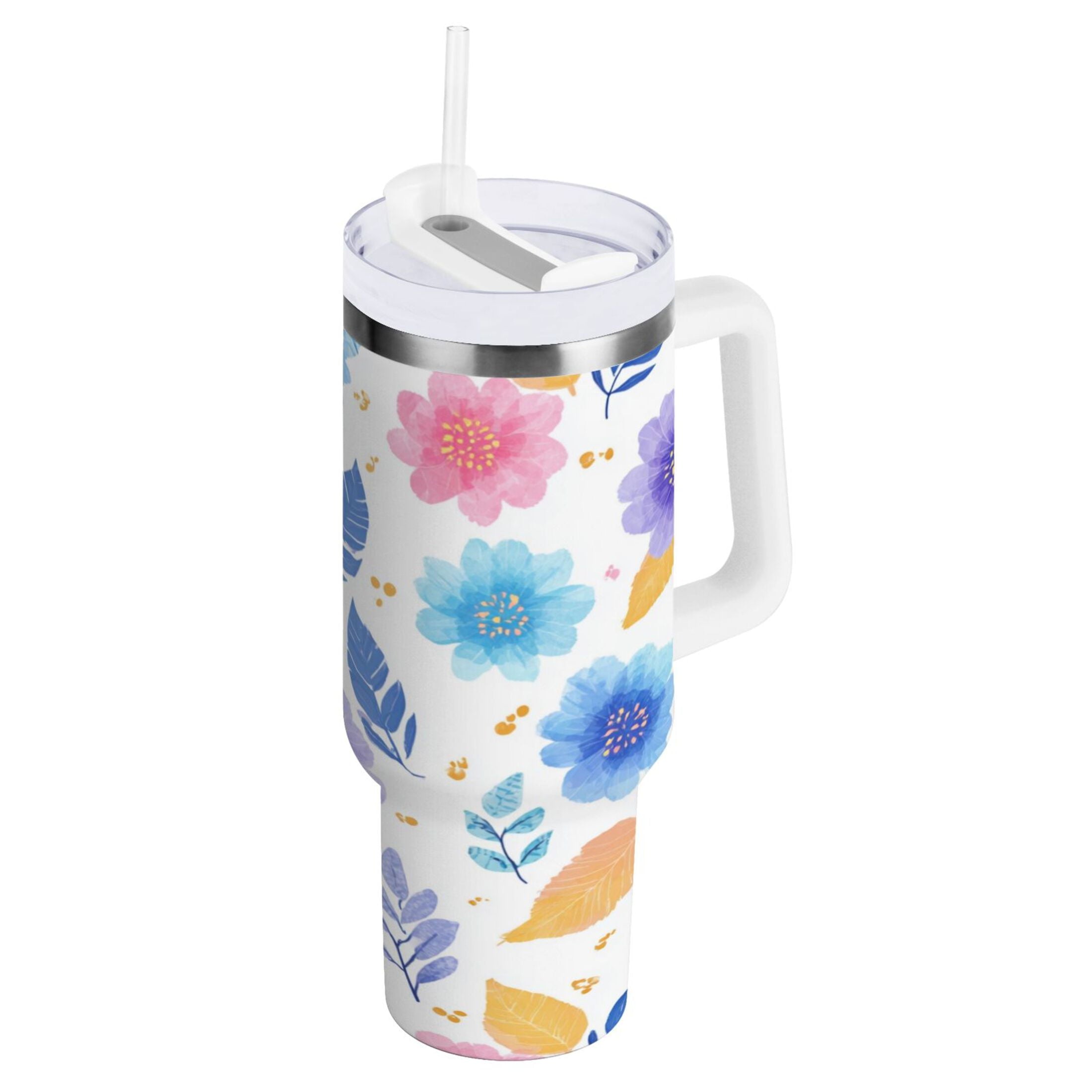 30 oz Insulated Stainless Steel Tumbler Double Wall Stainless Steel Tumbler with 2-Way Drinking Blue and Purple Flowers C522D