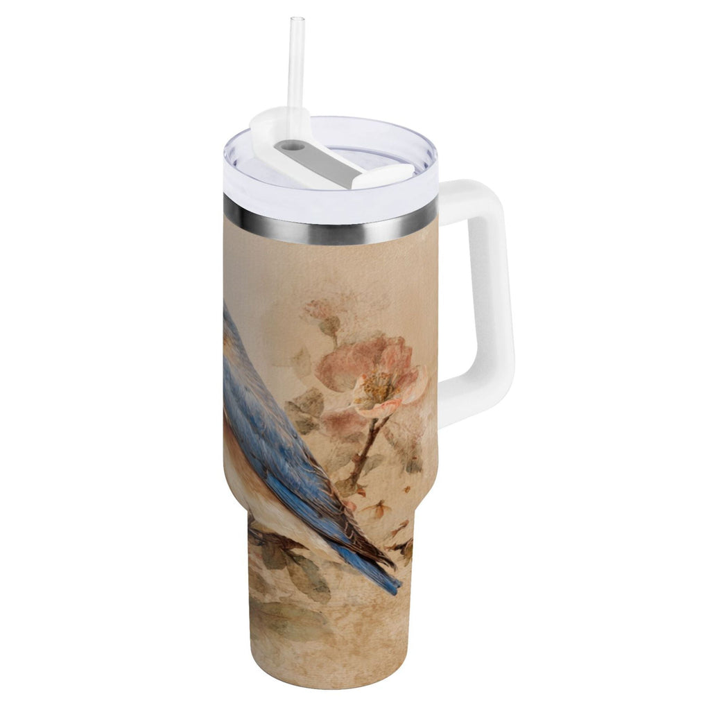 40 oz Insulated Stainless Steel Tumbler Double Wall Stainless Steel Tumbler with 2-Way Drinking Bluebird and Ancient Flowers C574Z