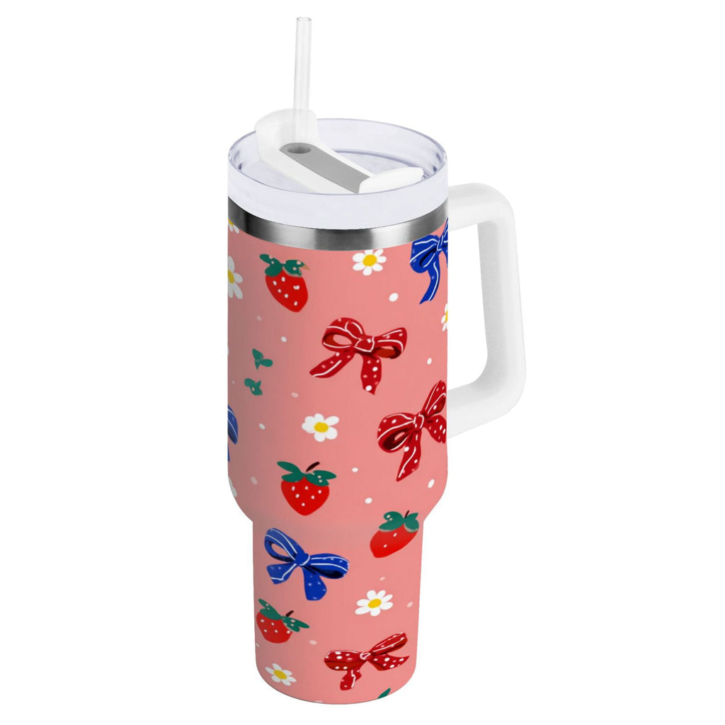 40 oz Insulated Stainless Steel Tumbler Double Wall Stainless Steel Tumbler with 2-Way Drinking Bows and Strawberries Pattern C511C