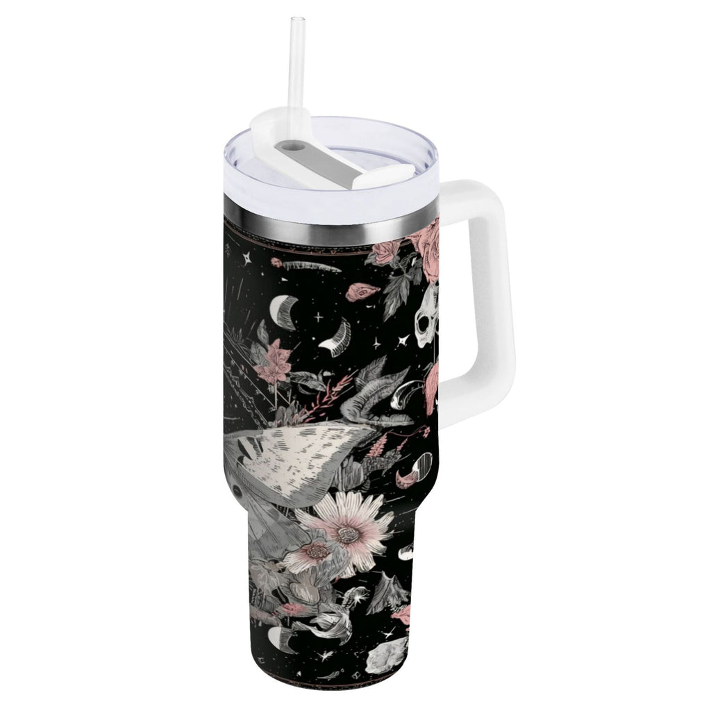 40 oz Insulated Stainless Steel Tumbler Double Wall Stainless Steel Tumbler with 2-Way Drinking Butterfly Surrounded by Flowers C640W