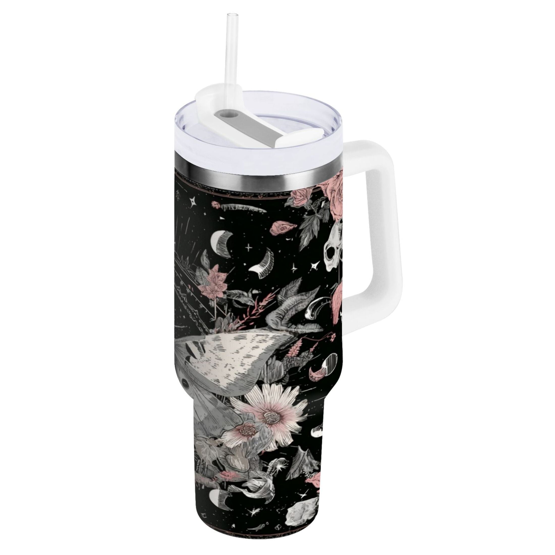 40 oz Insulated Stainless Steel Tumbler Double Wall Stainless Steel Tumbler with 2-Way Drinking Butterfly Surrounded by Flowers C640W