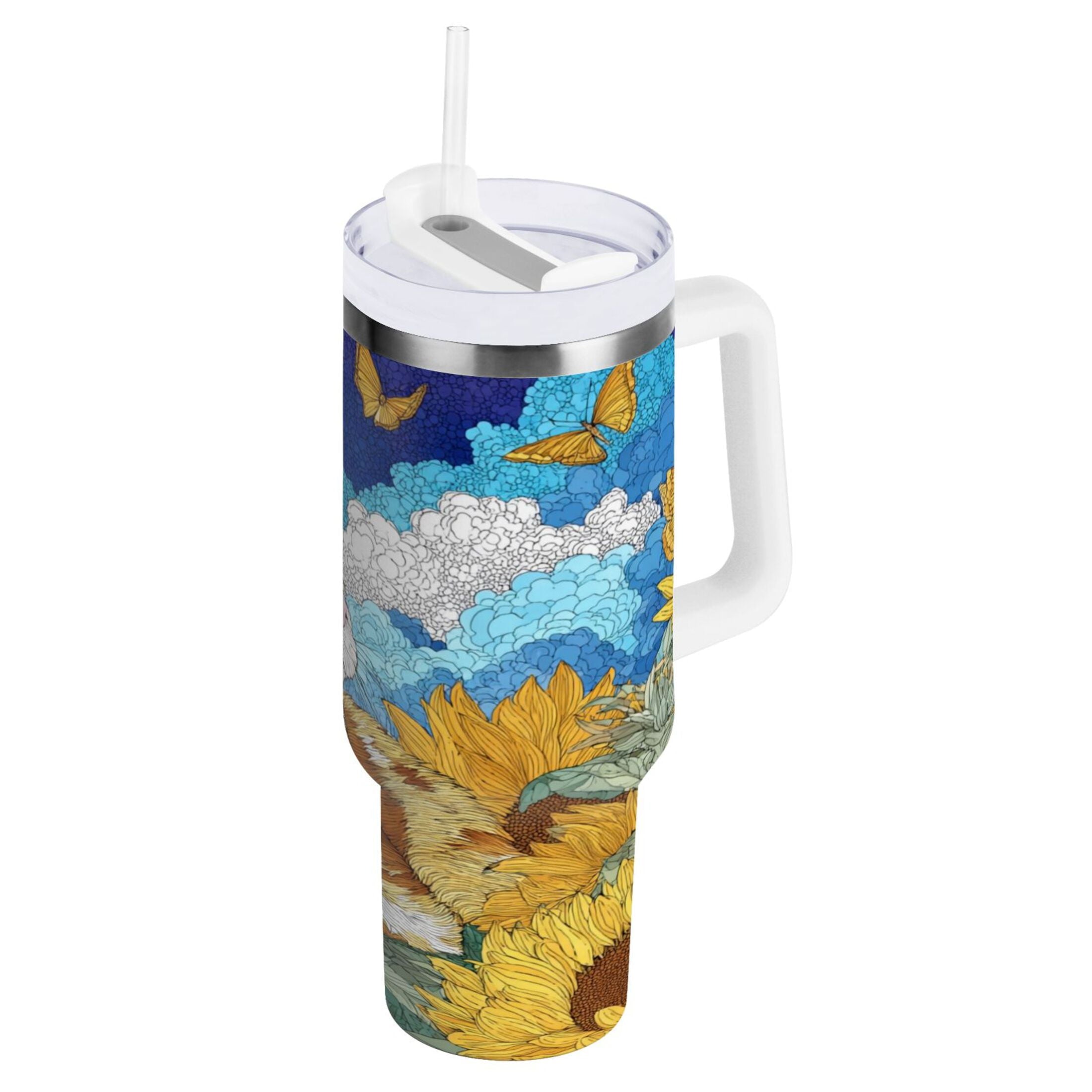 40 oz Insulated Stainless Steel Tumbler Double Wall Stainless Steel Tumbler with 2-Way Drinking Cat Lies in The Sunflowers C651A
