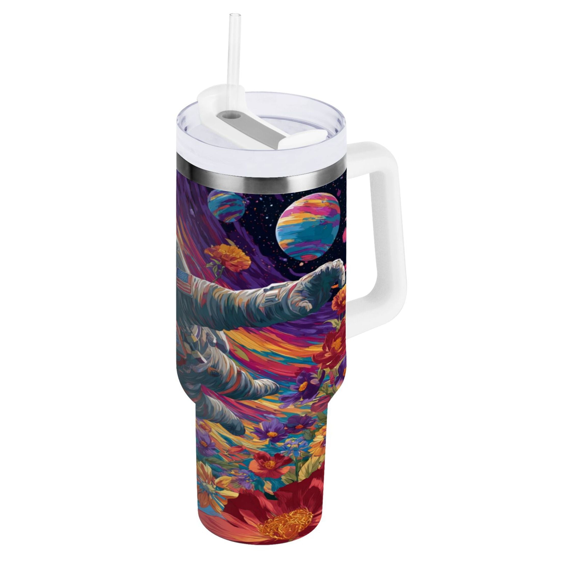 40 oz Insulated Stainless Steel Tumbler Double Wall Stainless Steel Tumbler with 2-Way Drinking Colorful Flowers and Planets C598R