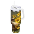 40 oz Insulated Stainless Steel Tumbler Double Wall Stainless Steel Tumbler with 2-Way Drinking Cow Lying in Sunflowers C665S