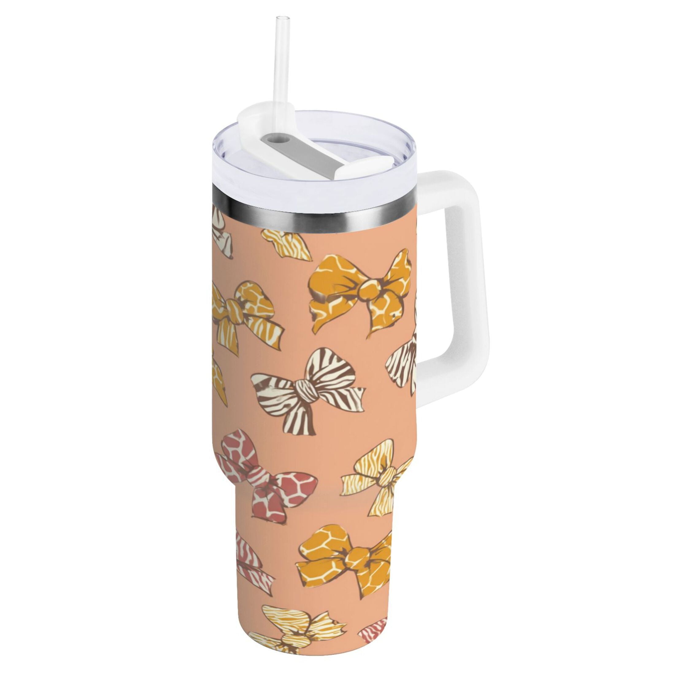 40 oz Insulated Stainless Steel Tumbler Double Wall Stainless Steel Tumbler with 2-Way Drinking Cute Animal Print Bows C678W