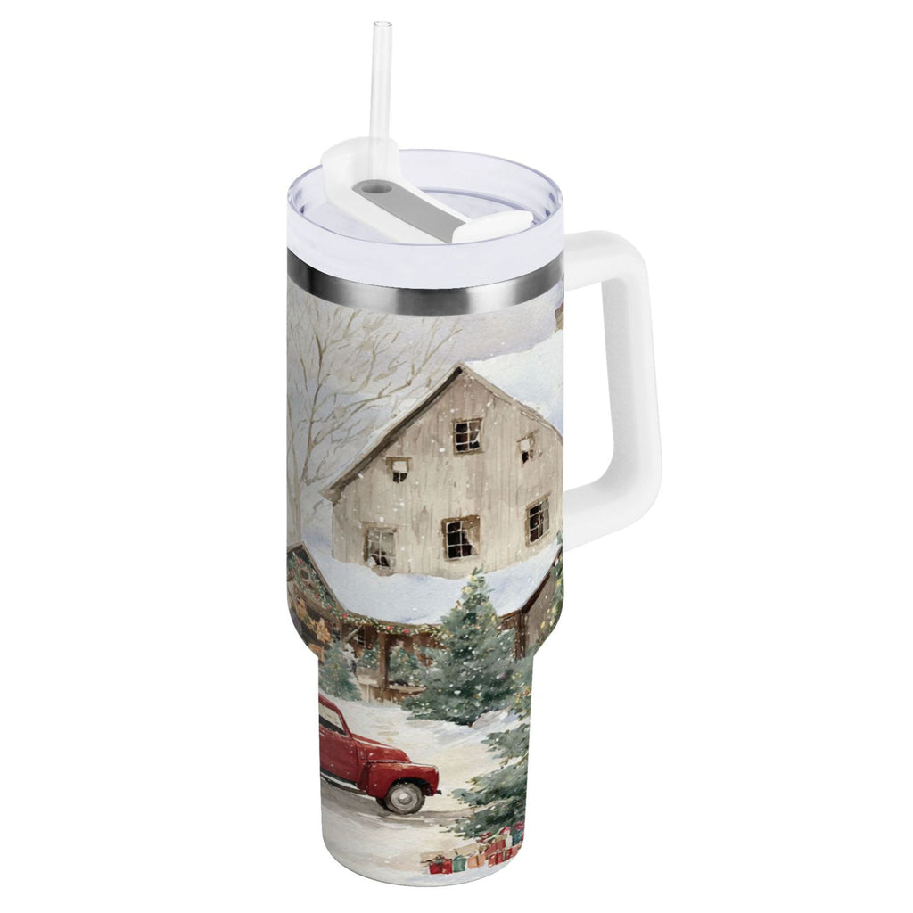 40 oz Insulated Stainless Steel Tumbler Double Wall Stainless Steel Tumbler with 2-Way Drinking Farm Snow Scene C645K