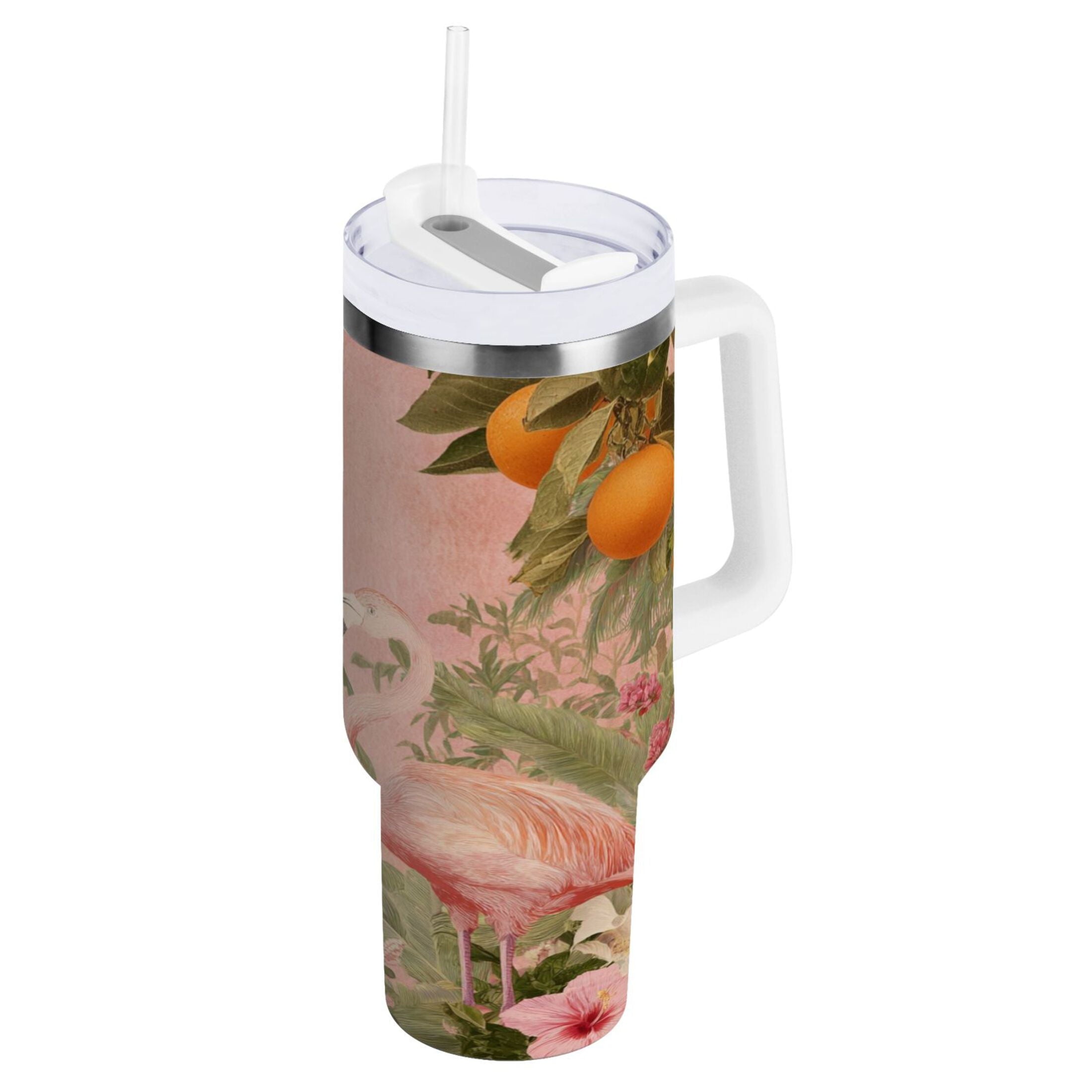 40 oz Insulated Stainless Steel Tumbler Double Wall Stainless Steel Tumbler with 2-Way Drinking Flamingos in Tropical Garden C666V