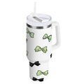 40 oz Insulated Stainless Steel Tumbler Double Wall Stainless Steel Tumbler with 2-Way Drinking Green and Black Bows C553N