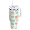 40 oz Insulated Stainless Steel Tumbler Double Wall Stainless Steel Tumbler with 2-Way Drinking Green and Peach Bow Pattern C544U