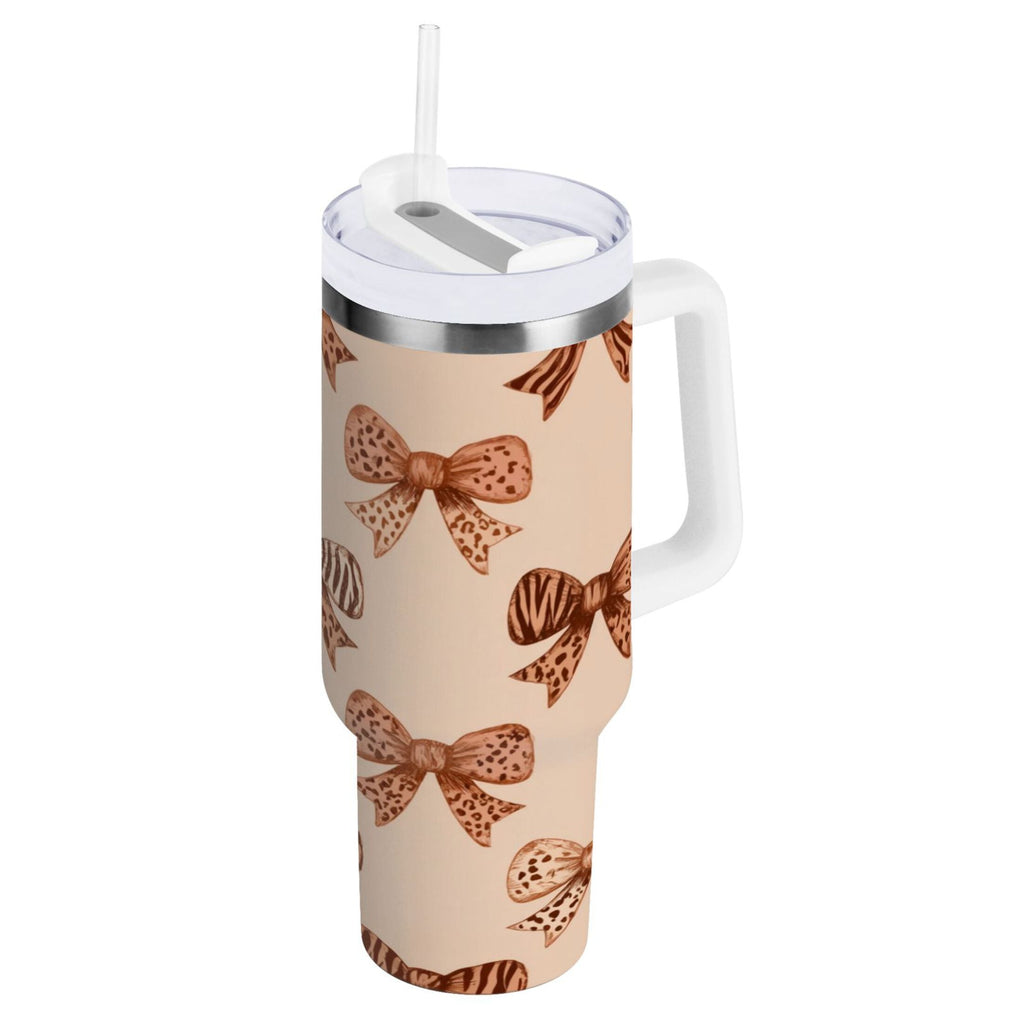40 oz Insulated Stainless Steel Tumbler Double Wall Stainless Steel Tumbler with 2-Way Drinking Leopard Print Bow C550Y