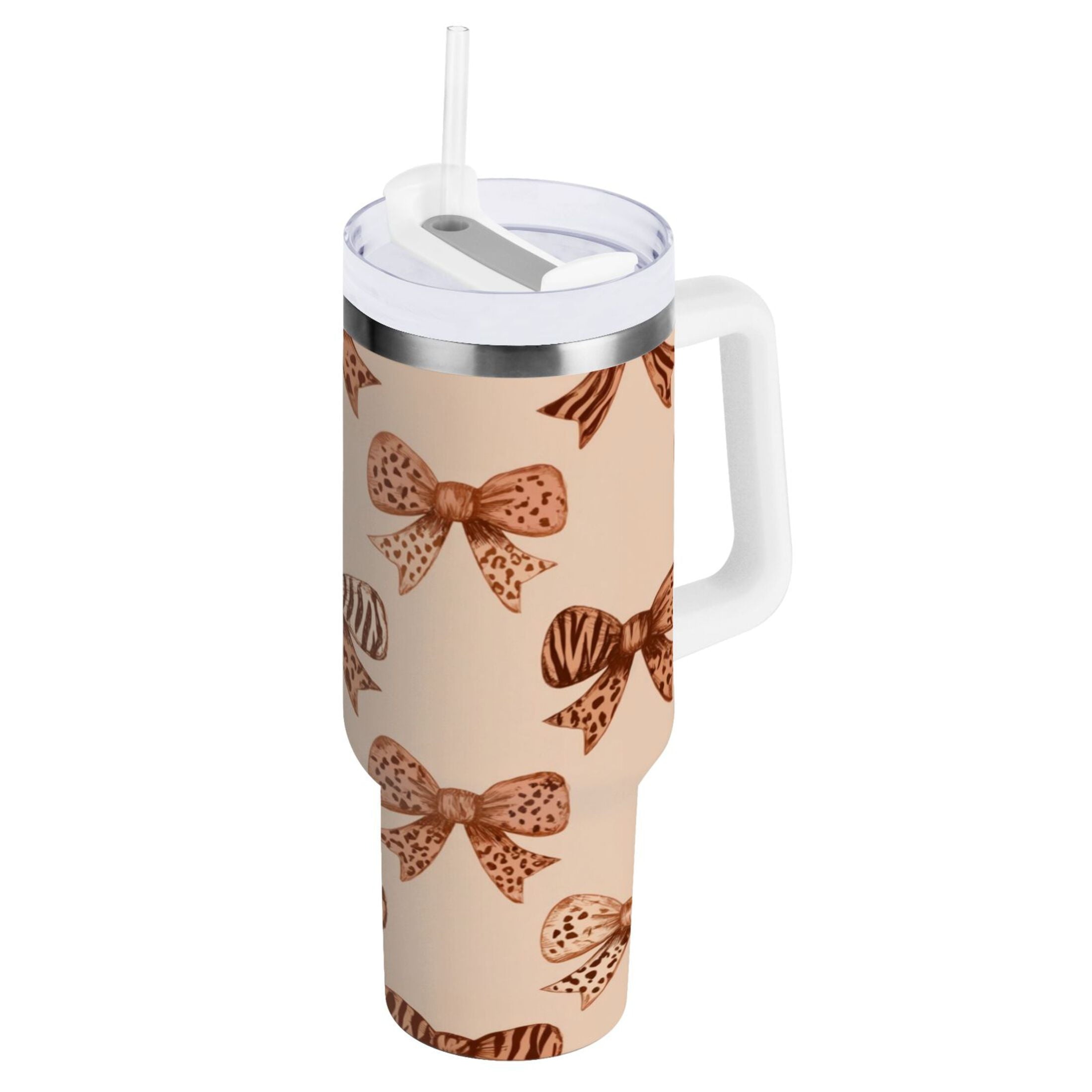 40 oz Insulated Stainless Steel Tumbler Double Wall Stainless Steel Tumbler with 2-Way Drinking Leopard Print Bow C550Y