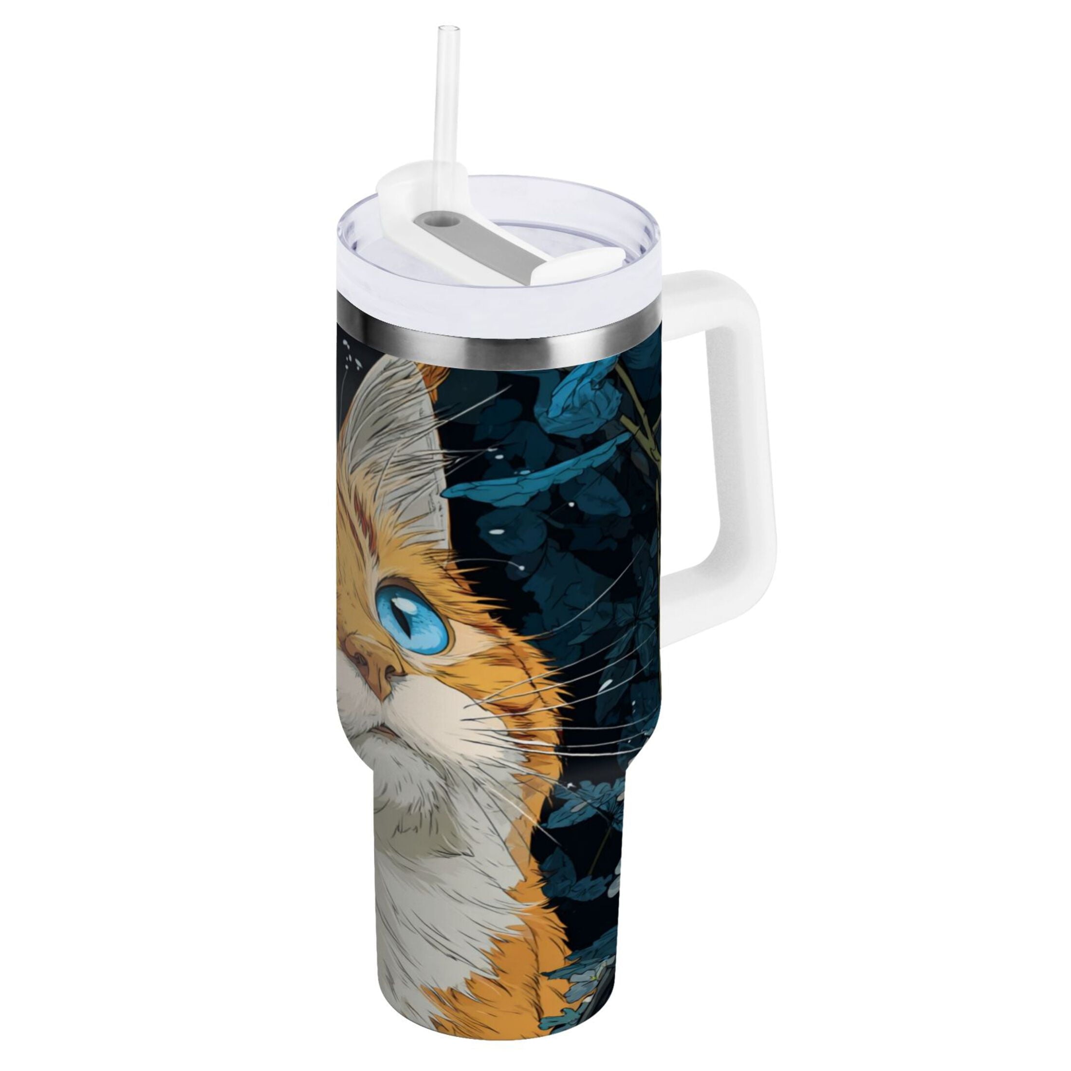 30 oz Insulated Stainless Steel Tumbler Double Wall Stainless Steel Tumbler with 2-Way Drinking Orange Cat with Blue Eyes C585D