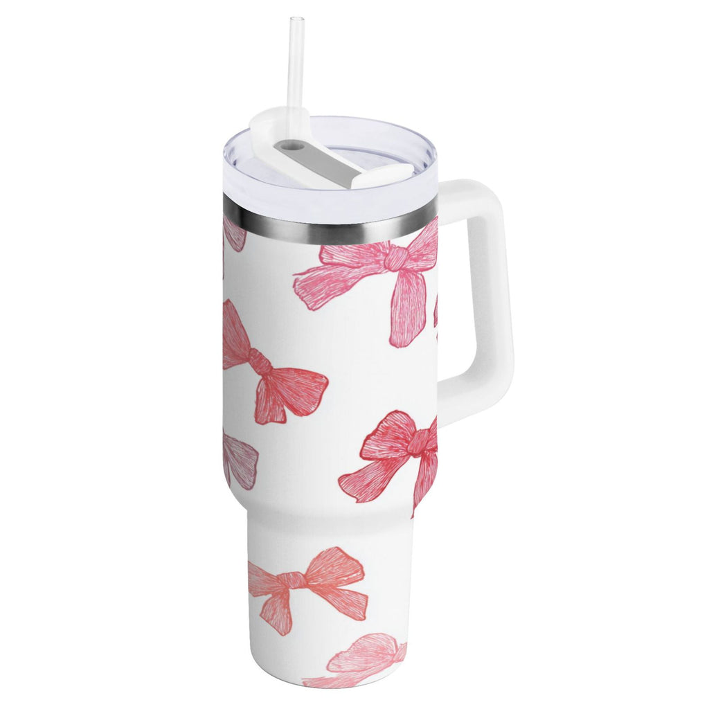 40 oz Insulated Stainless Steel Tumbler Double Wall Stainless Steel Tumbler with 2-Way Drinking Pink Bows Pattern C570E