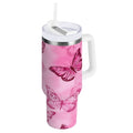 40 oz Insulated Stainless Steel Tumbler Double Wall Stainless Steel Tumbler with 2-Way Drinking Pink Butterfly Pattern C629H