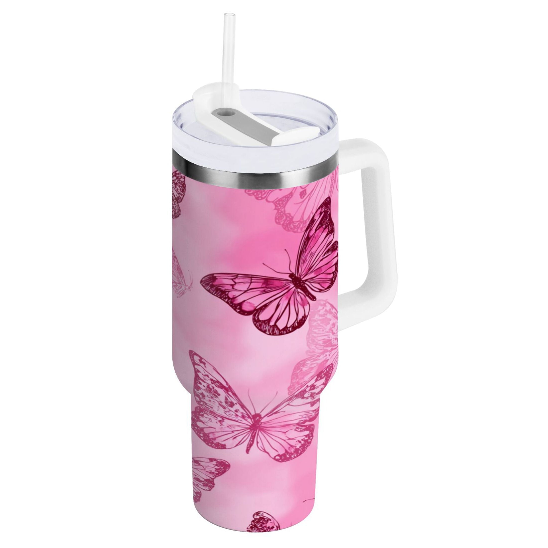 40 oz Insulated Stainless Steel Tumbler Double Wall Stainless Steel Tumbler with 2-Way Drinking Pink Butterfly Pattern C629H