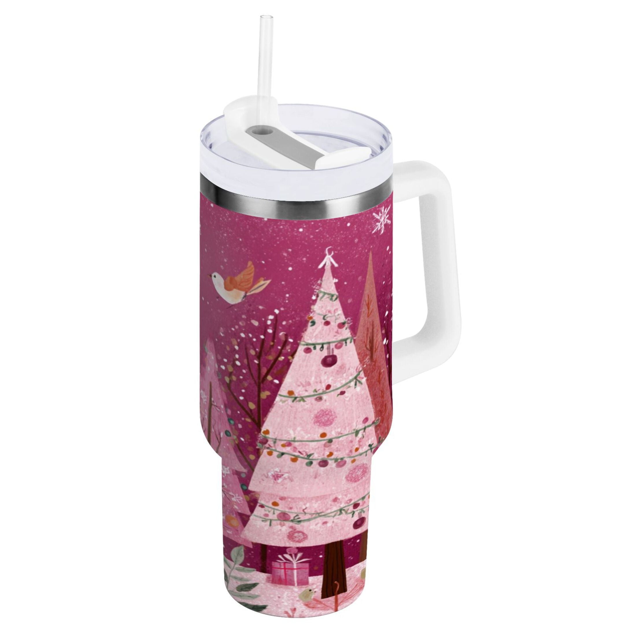 40 oz Insulated Stainless Steel Tumbler Double Wall Stainless Steel Tumbler with 2-Way Drinking Pink Christmas Forest C512J