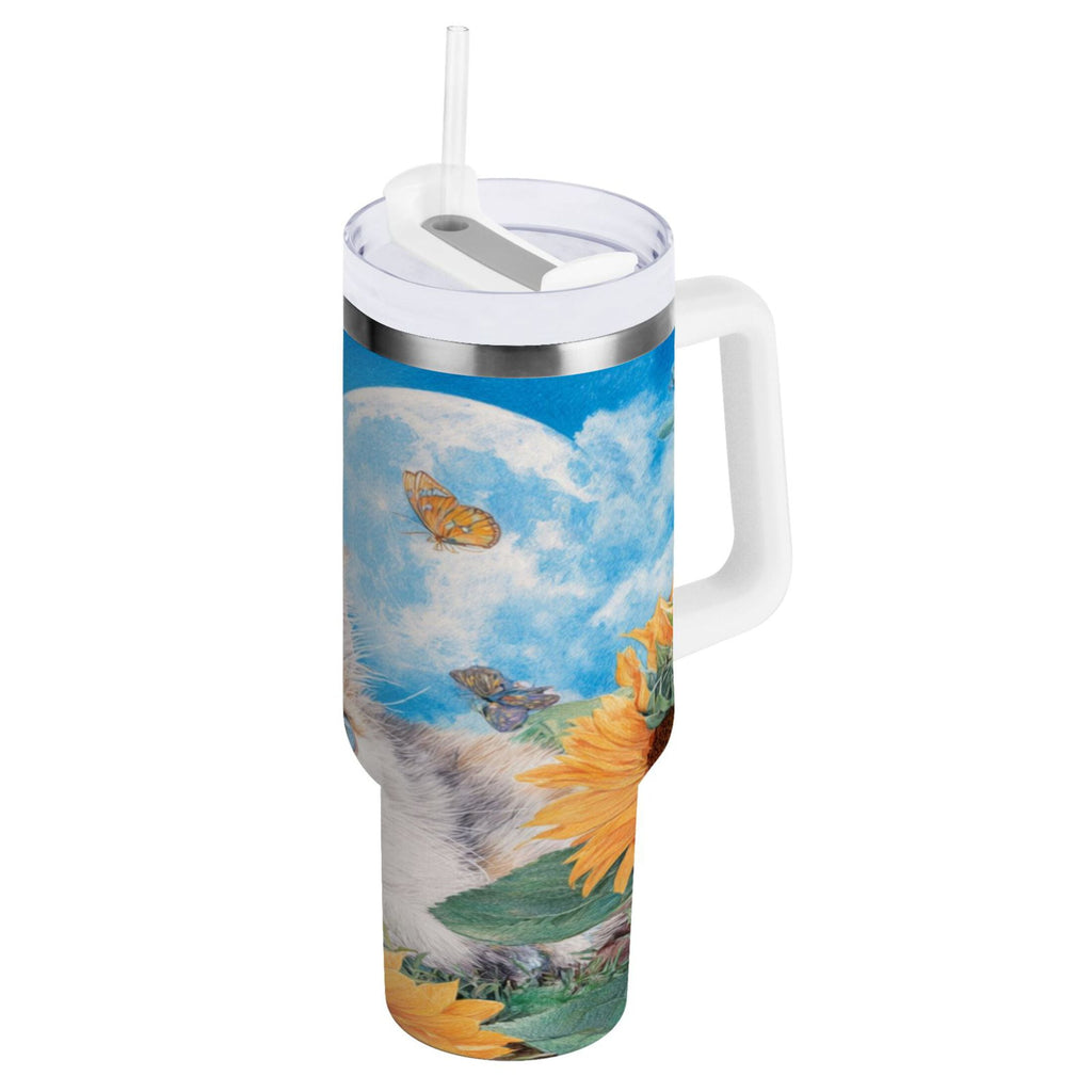 40 oz Insulated Stainless Steel Tumbler Double Wall Stainless Steel Tumbler with 2-Way Drinking Playful Cat Lying Sunflowers C549F