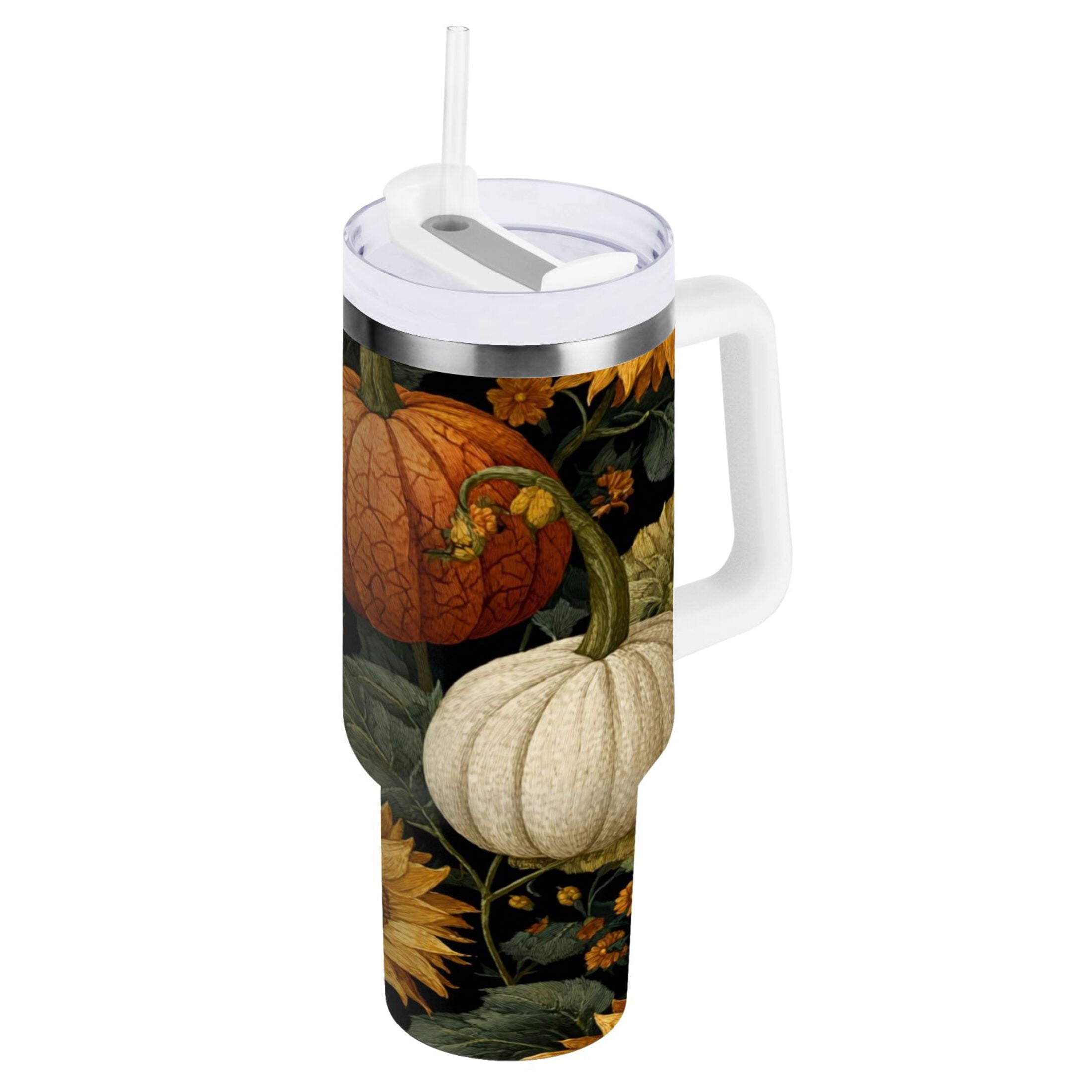 40 oz Insulated Stainless Steel Tumbler Double Wall Stainless Steel Tumbler with 2-Way Drinking Pumpkins and Sunflowers Pattern C560B